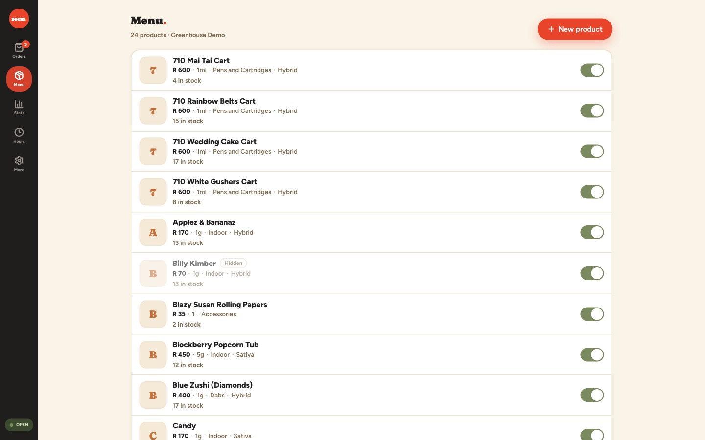 The menu screen: products with price, unit, category and live stock counts